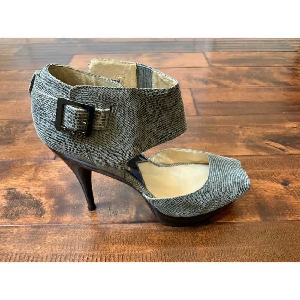 Michael Kors Gray Leather Snakeskin Stiletto Heels Open Toe Buckled, Size 10